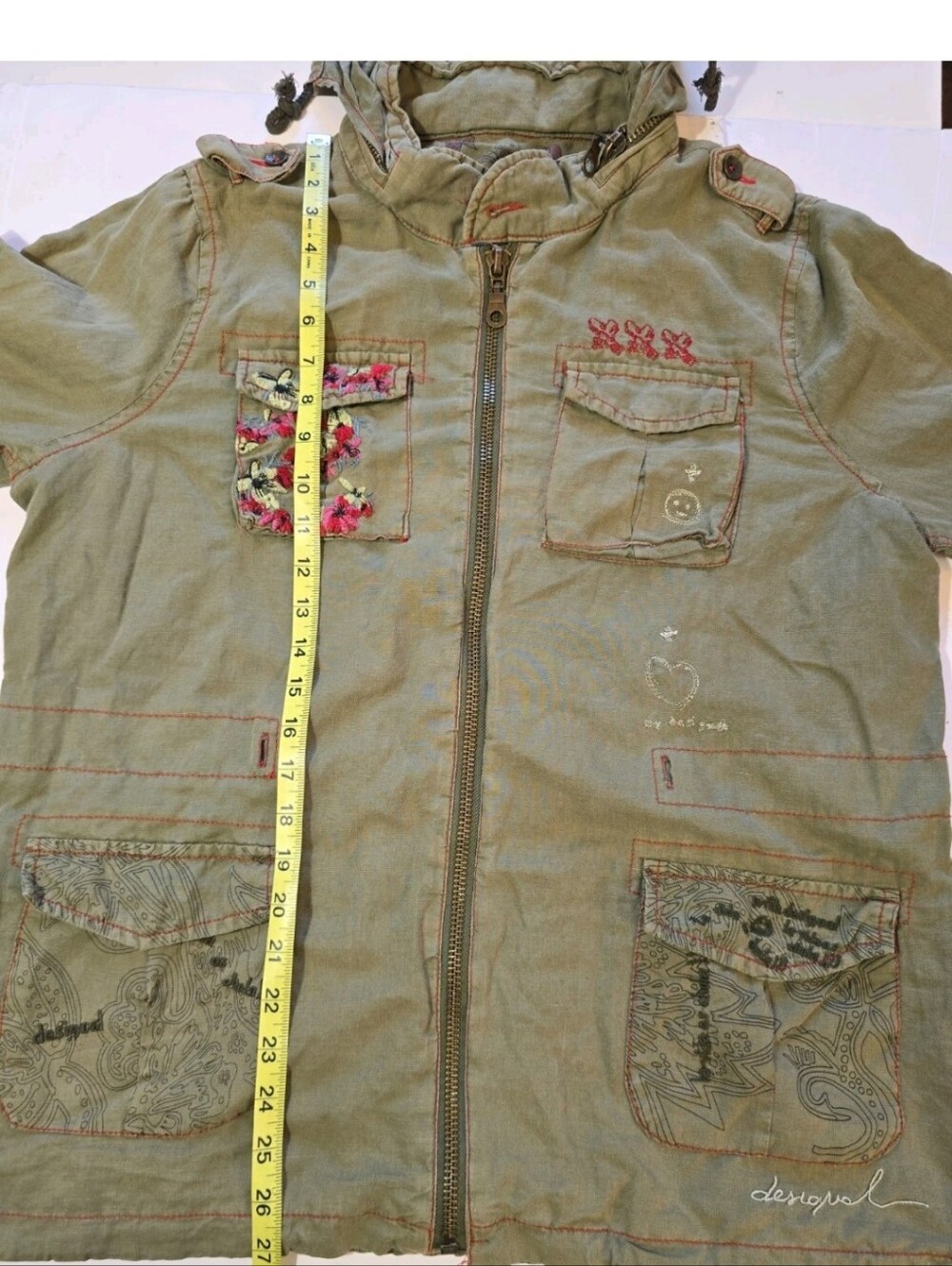 Desigual Womens Army Green Hooded Jacket with Floral Embroidered Patches Size 46 - Picture 8 of 13
